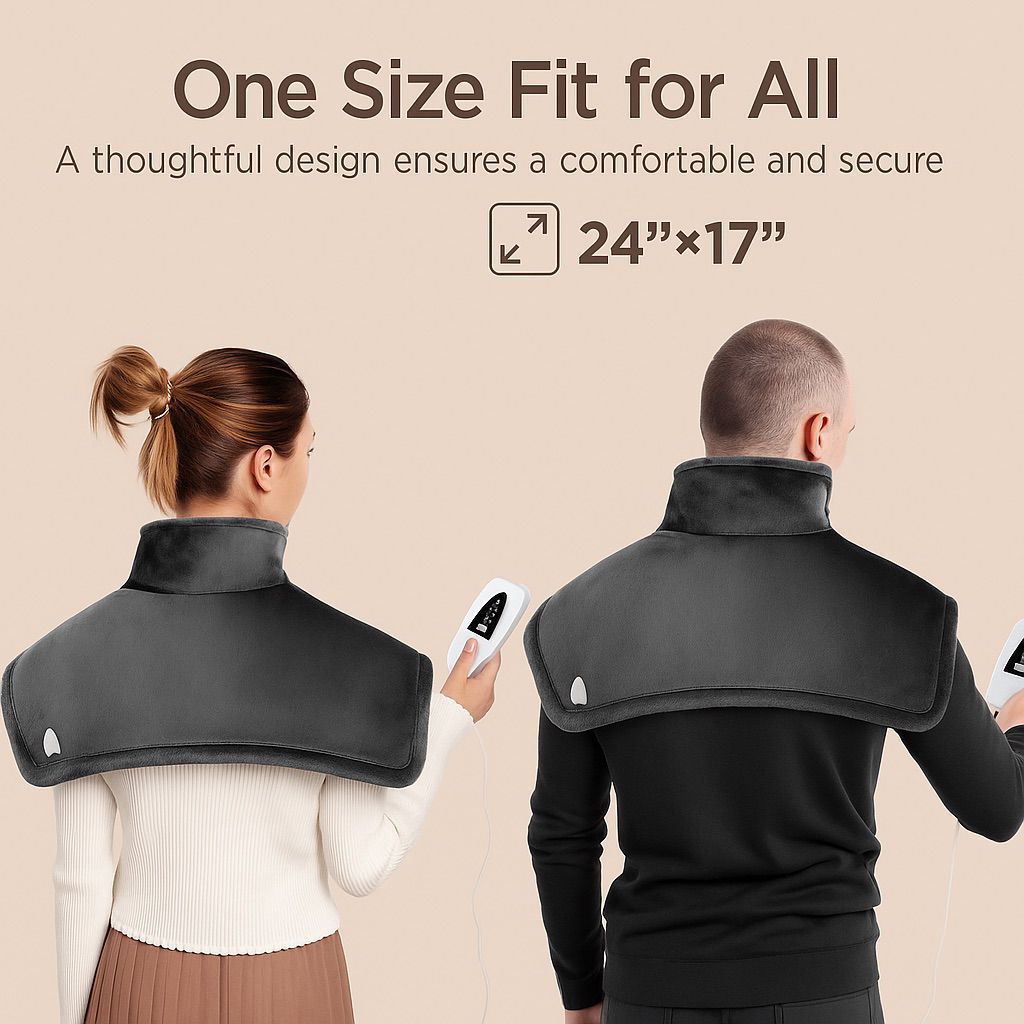 Electric Neck & Shoulder Wrap – 6 Temperature Levels & Timer | Soft, Washable Fabric
