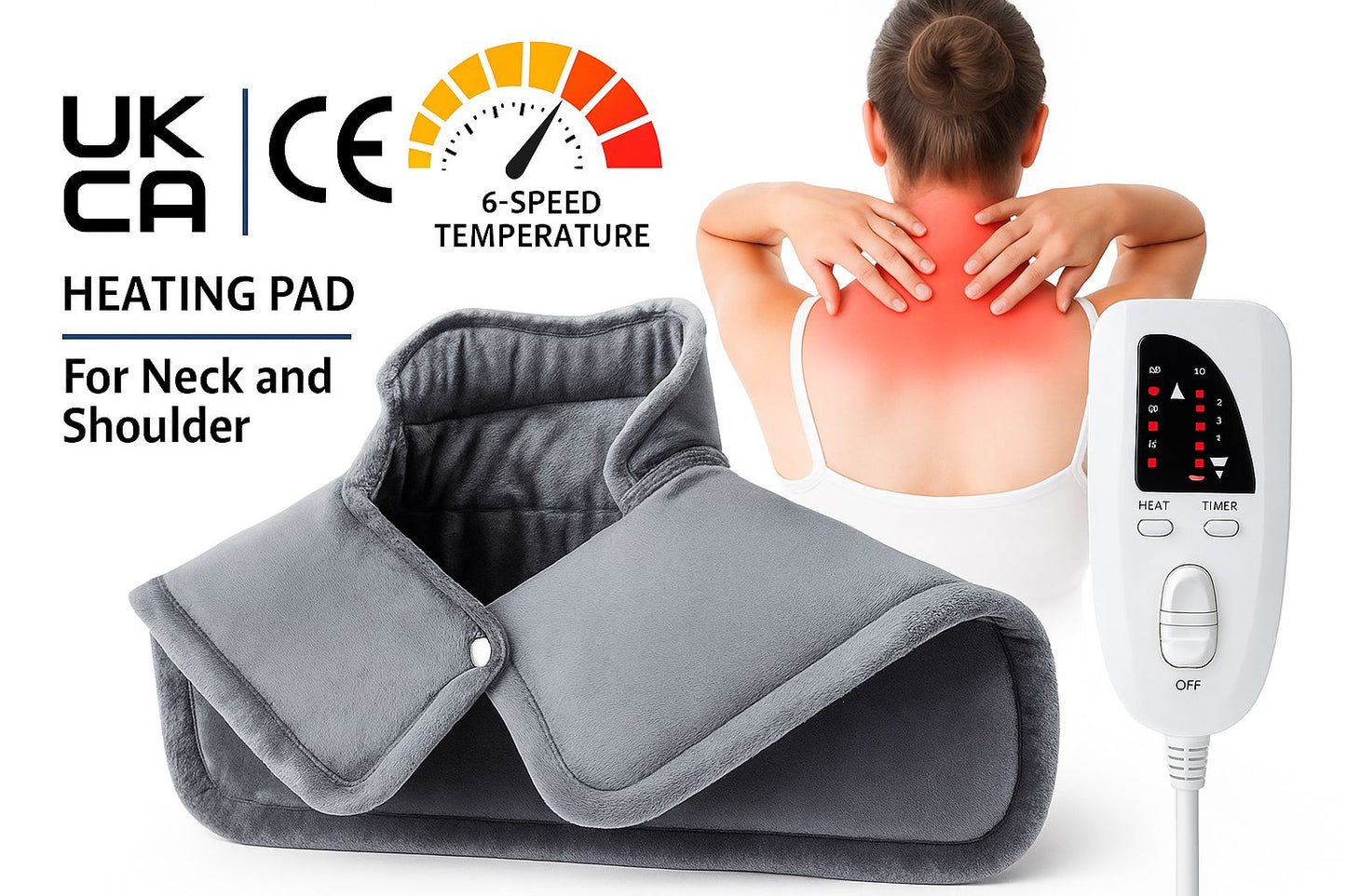 Electric Neck & Shoulder Wrap – 6 Temperature Levels & Timer | Soft, Washable Fabric