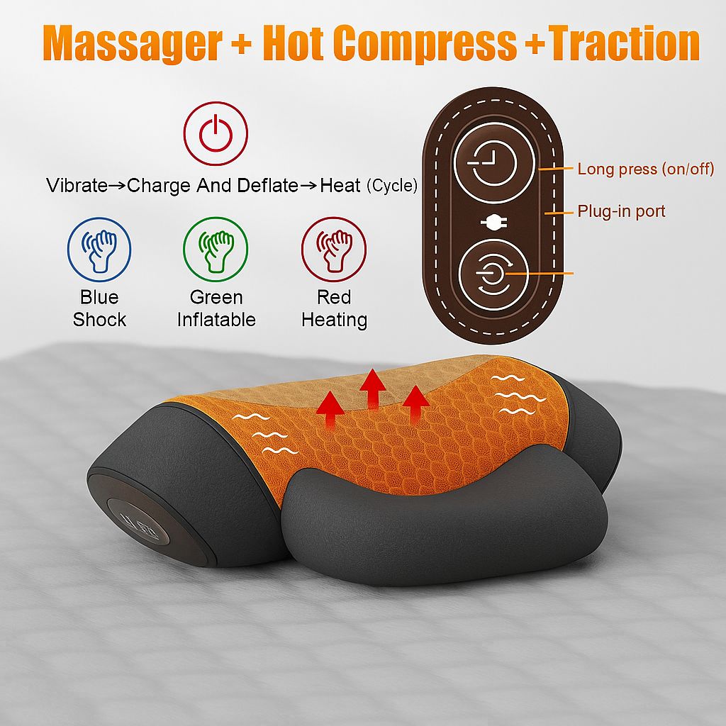 3-in-1 Cervical Neck Massager Pillow – Heat, Vibration & Traction Relief