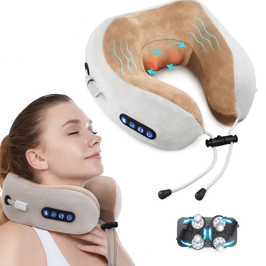 Portable U-Shape Heated Neck Massage Pillow – Vibration & Memory Foam Comfort | Travel & Daily Relief